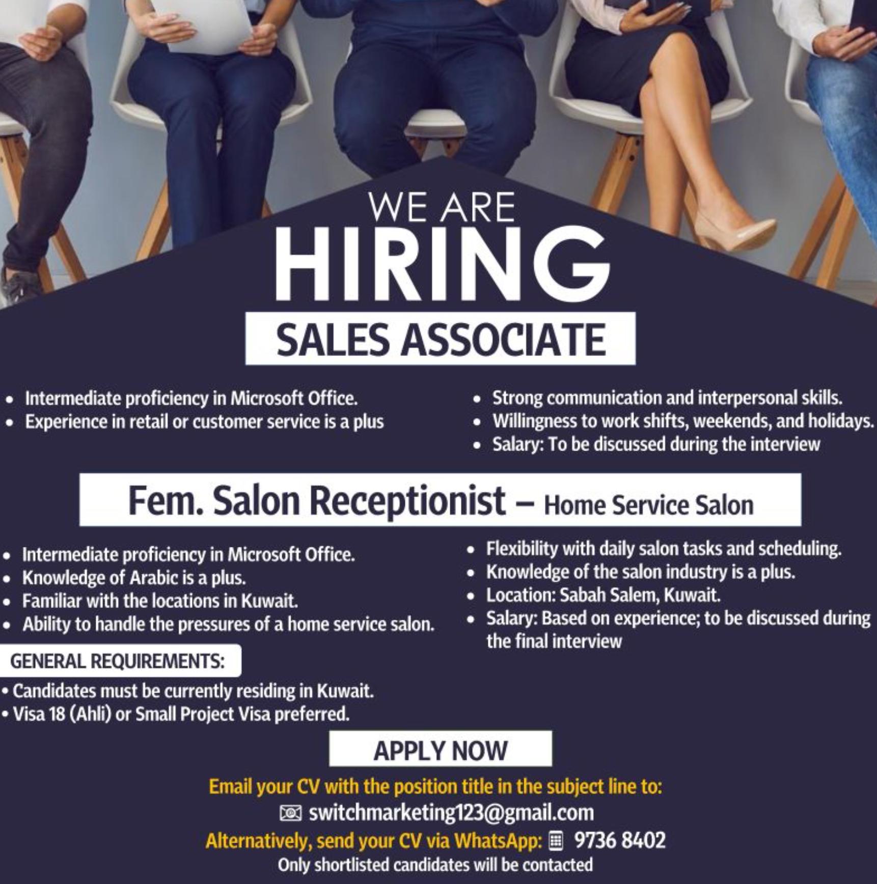 switch marketing hiring in kuwait – top sales associate & receptionist jobs may 2025
