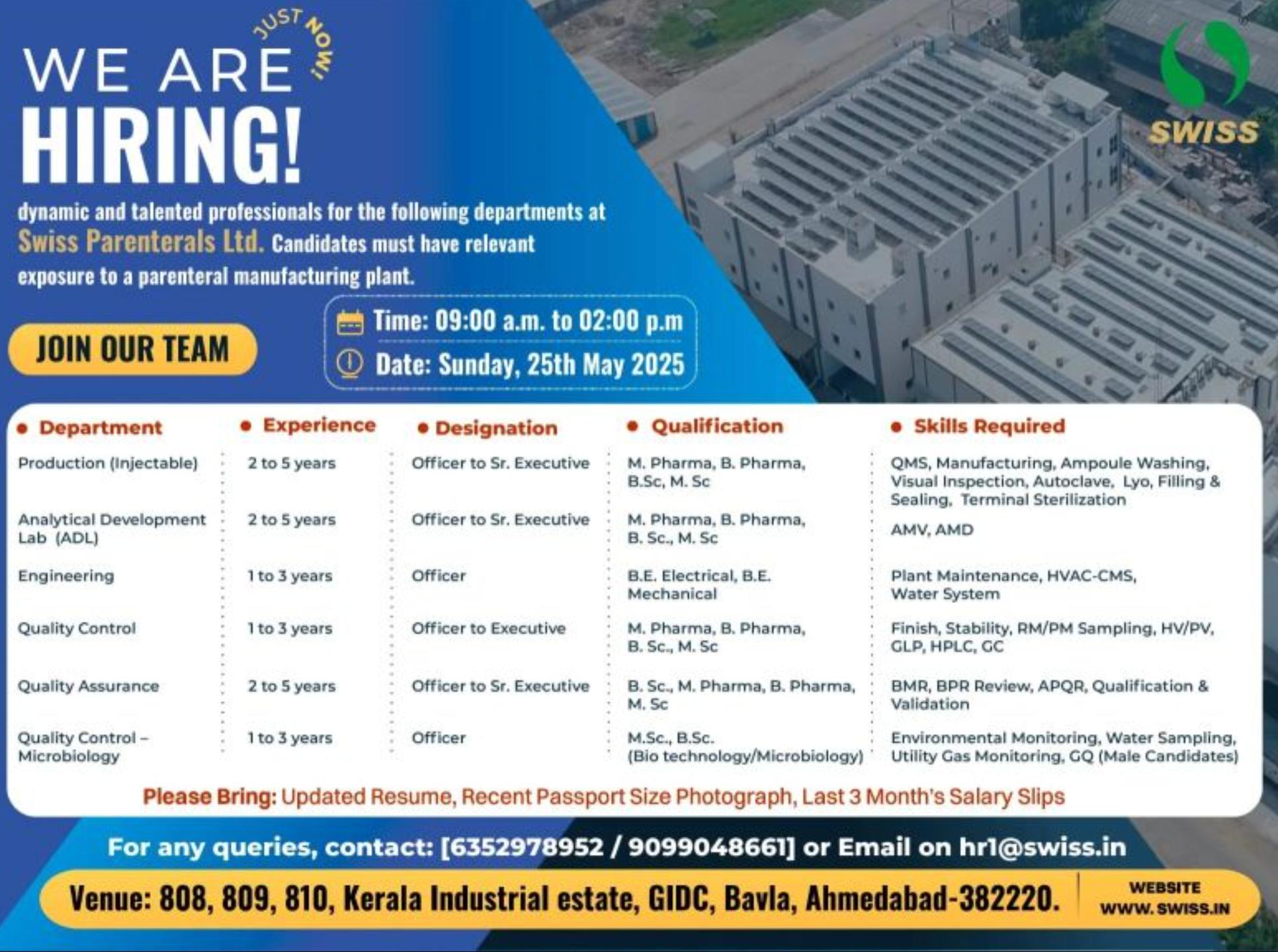 Walk-In Drive at Swiss Parenterals Ltd. 25th May – Top Pharma Manufacturing Jobs India 2025