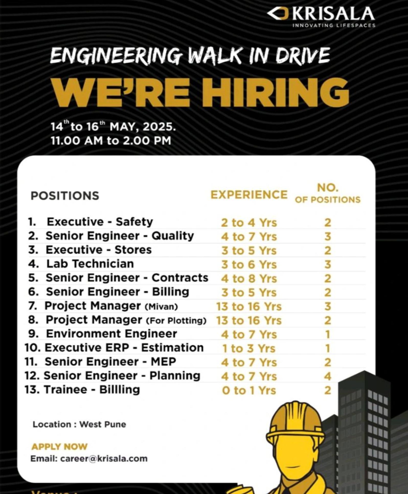 krisala developers walk-In drive 2025 – top construction jobs in pune may 14 - 16