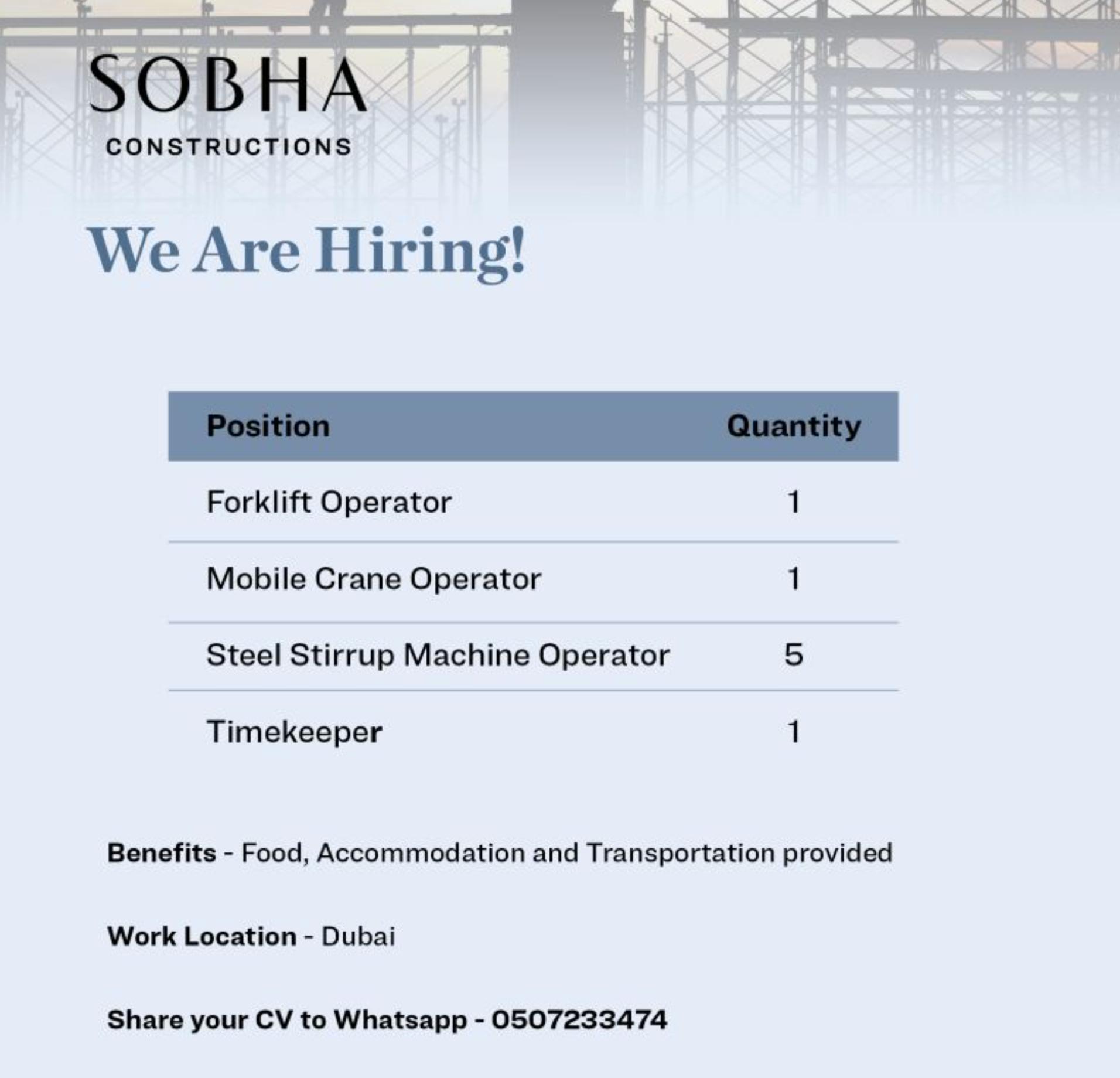 rewarding operator jobs in dubai may 2025 – join sobha constructions