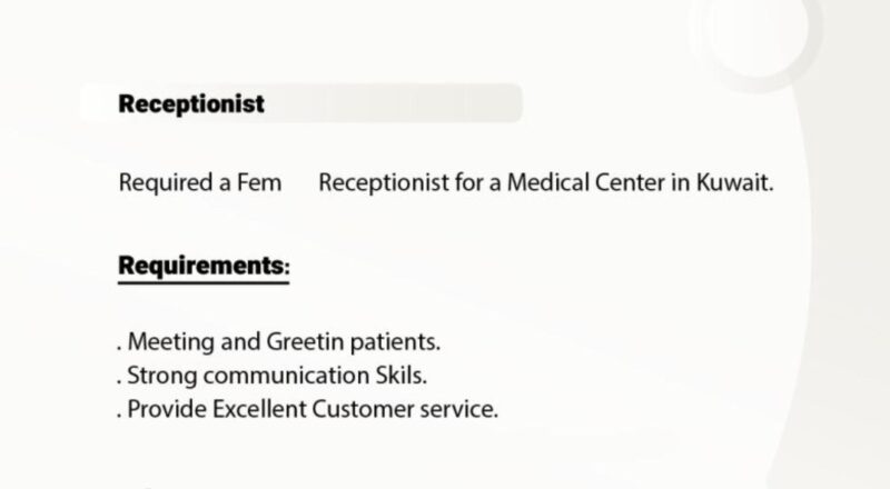 apply now - top receptionist jobs in kuwait healthcare clinic | may 2025