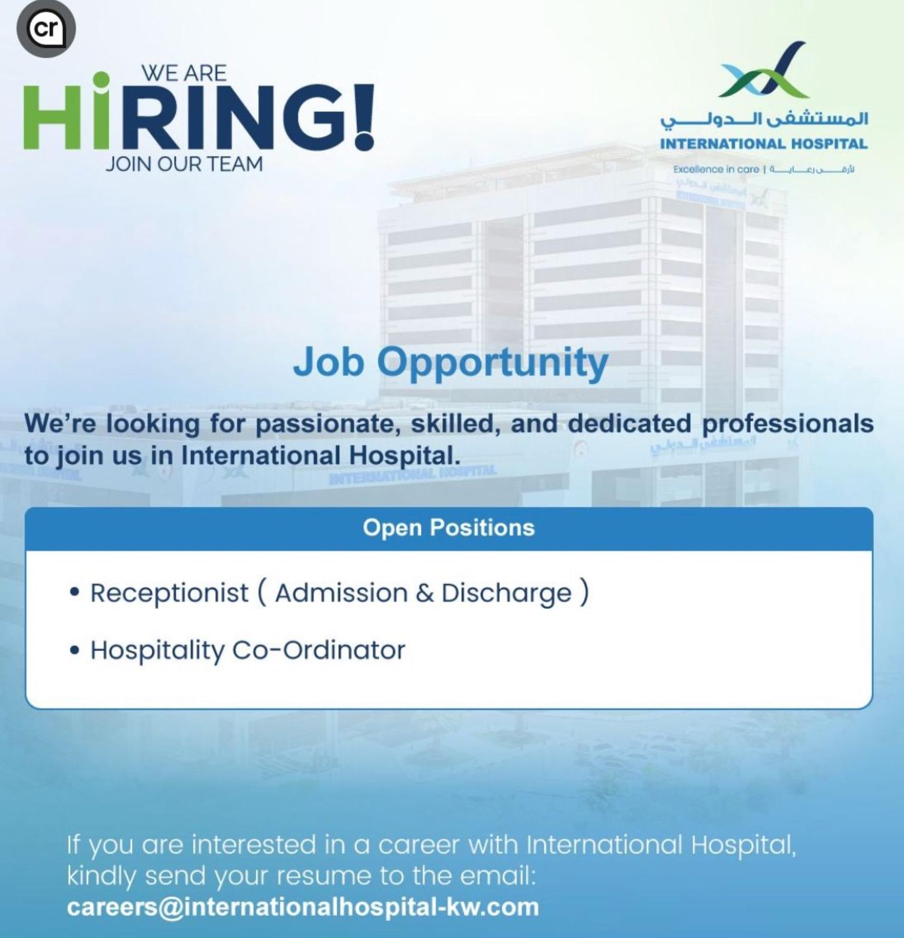 apply now - international hospital kuwait hiring front desk jobs may 2025