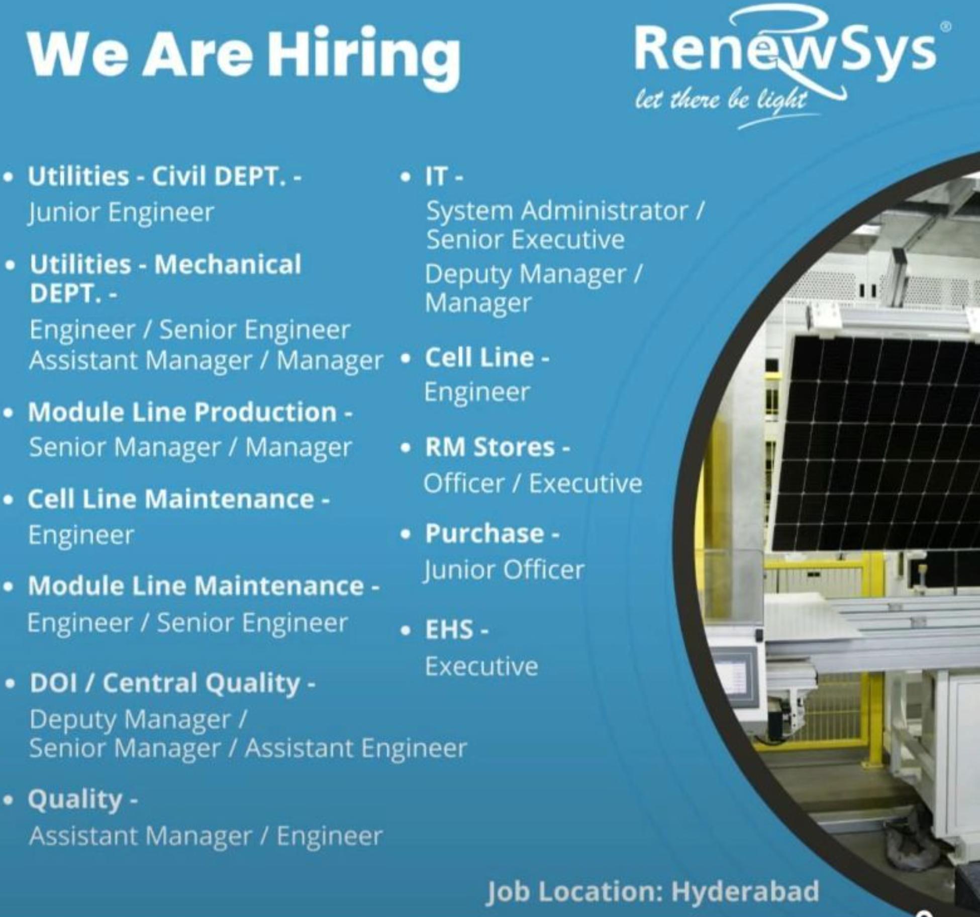 renewsys hiring may 2025: join mechanical engineer renewable energy jobs in hyderabad