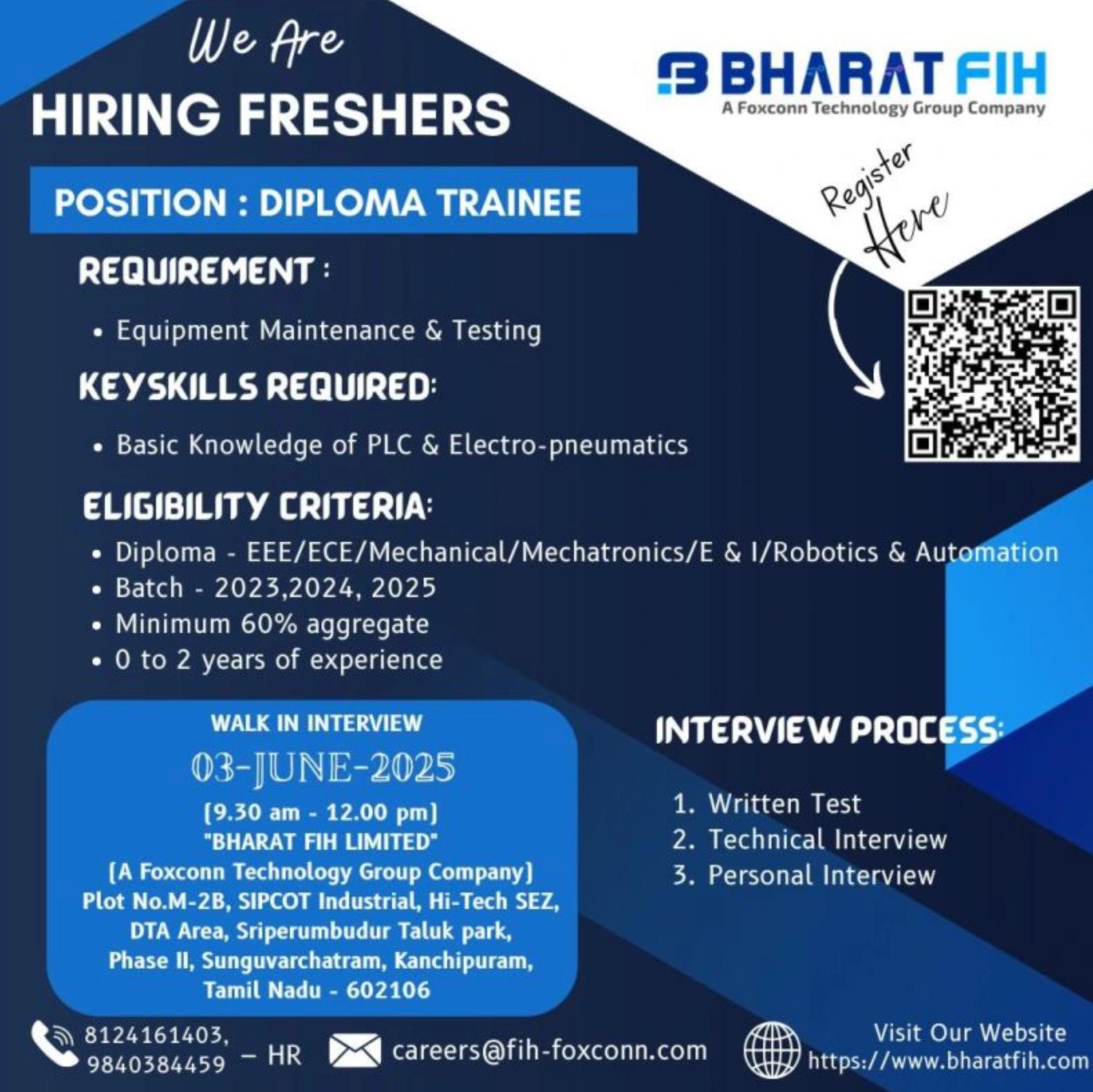 Top Mechanical Diploma Jobs – Walk-in at Bharat FIH, Tamil Nadu, 3 June