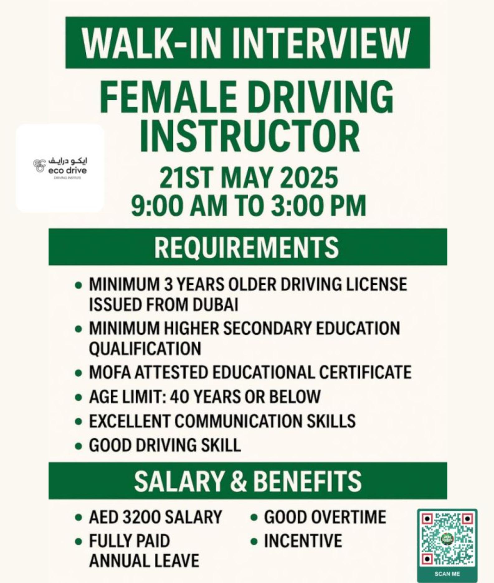 eco drive driving institute hiring female instructors – walk-In dubai jobs 21st may