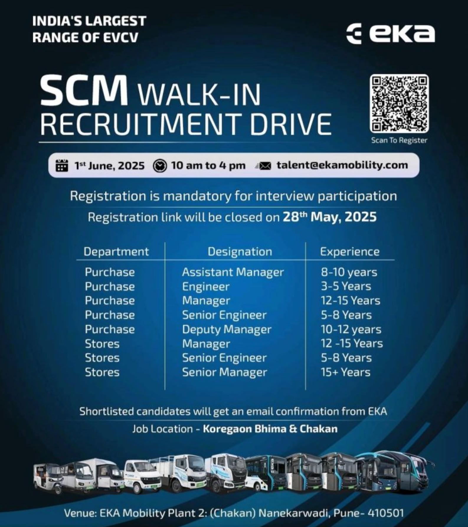 SCM Jobs in Pune 2025 – Join EKA Mobility Walk-In Drive for Engineers | Apply by 28th May