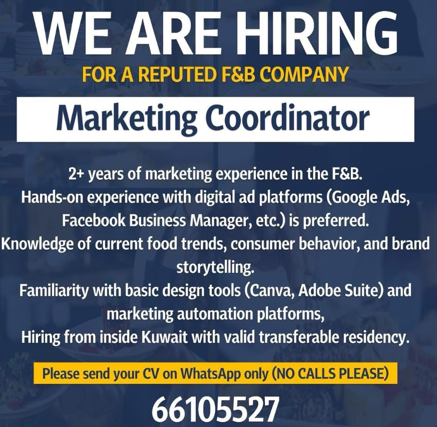 secure marketing coordinator jobs in kuwait may 2025 - top f&b company hiring now!