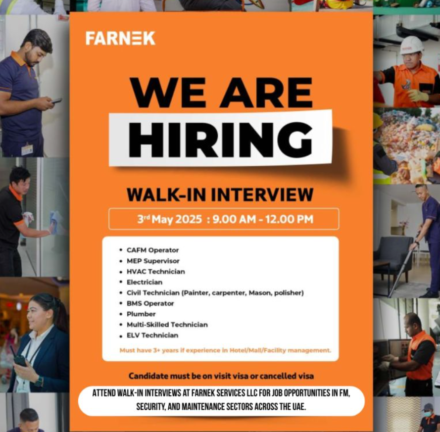 latest careers at farnek services llc dubai: attend walk-In interview on 3rd may