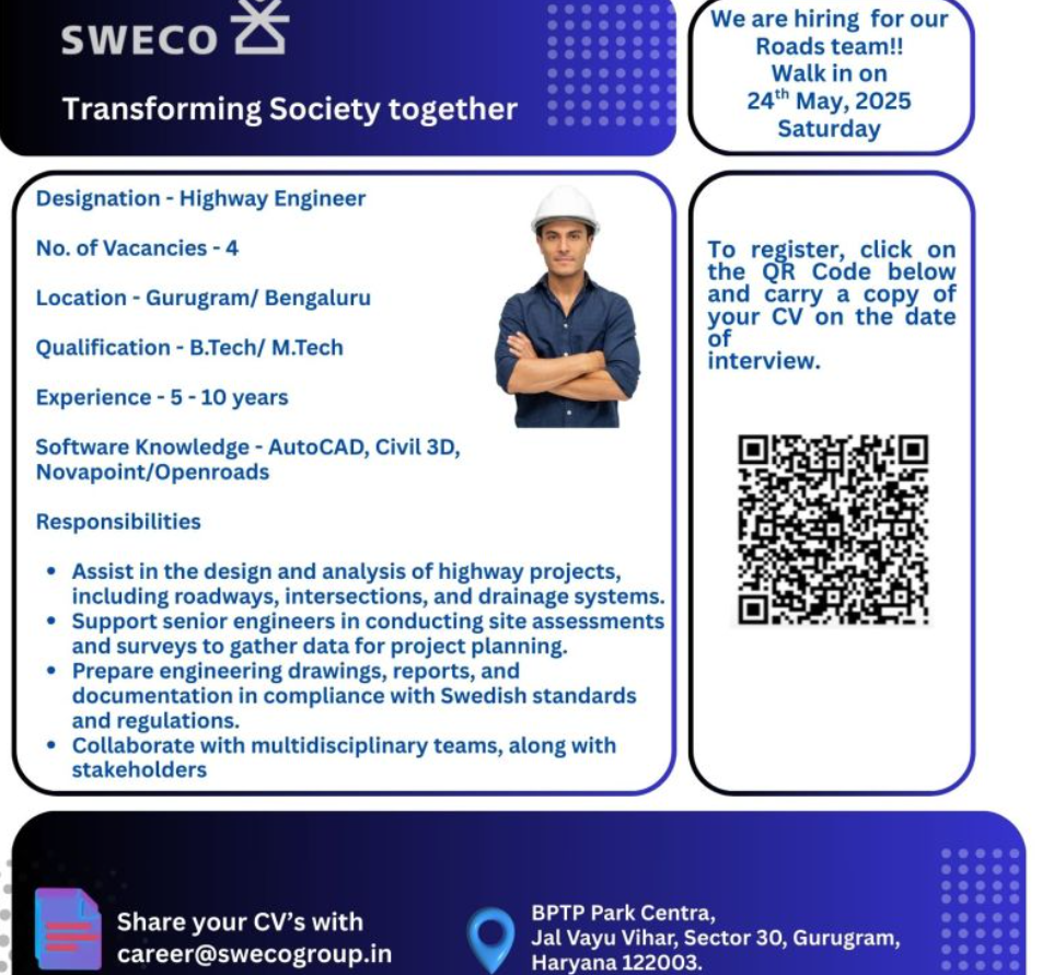 highway engineer jobs gurugram & bengaluru – sweco walk-in drive may 24