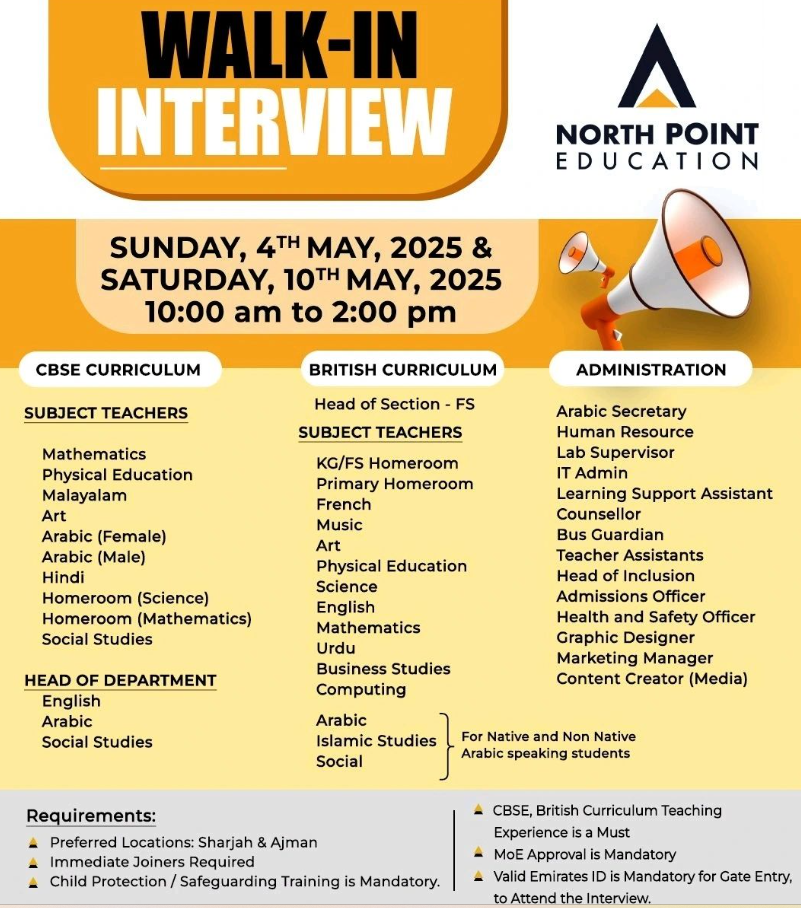 north point education careers: top teaching jobs in ajman & sharjah – walk-In may 4 & 10