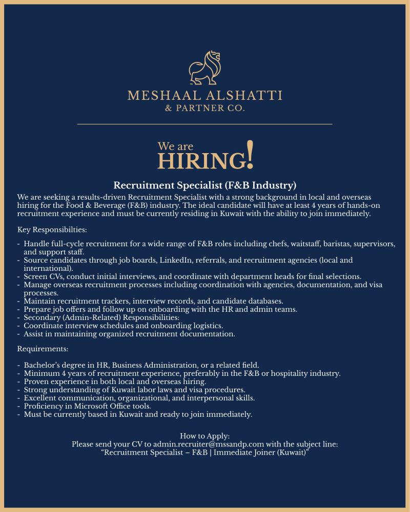 Meshaal Alshatti & Partner Co. – Hiring Recruitment Specialist F&B Industry Jobs in Kuwait