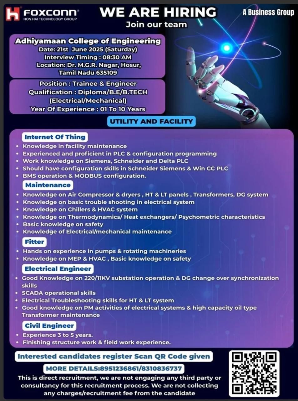 📢 Foxconn EMS Industry Multiple Engineer Job Openings Hosur, 21st June 2025