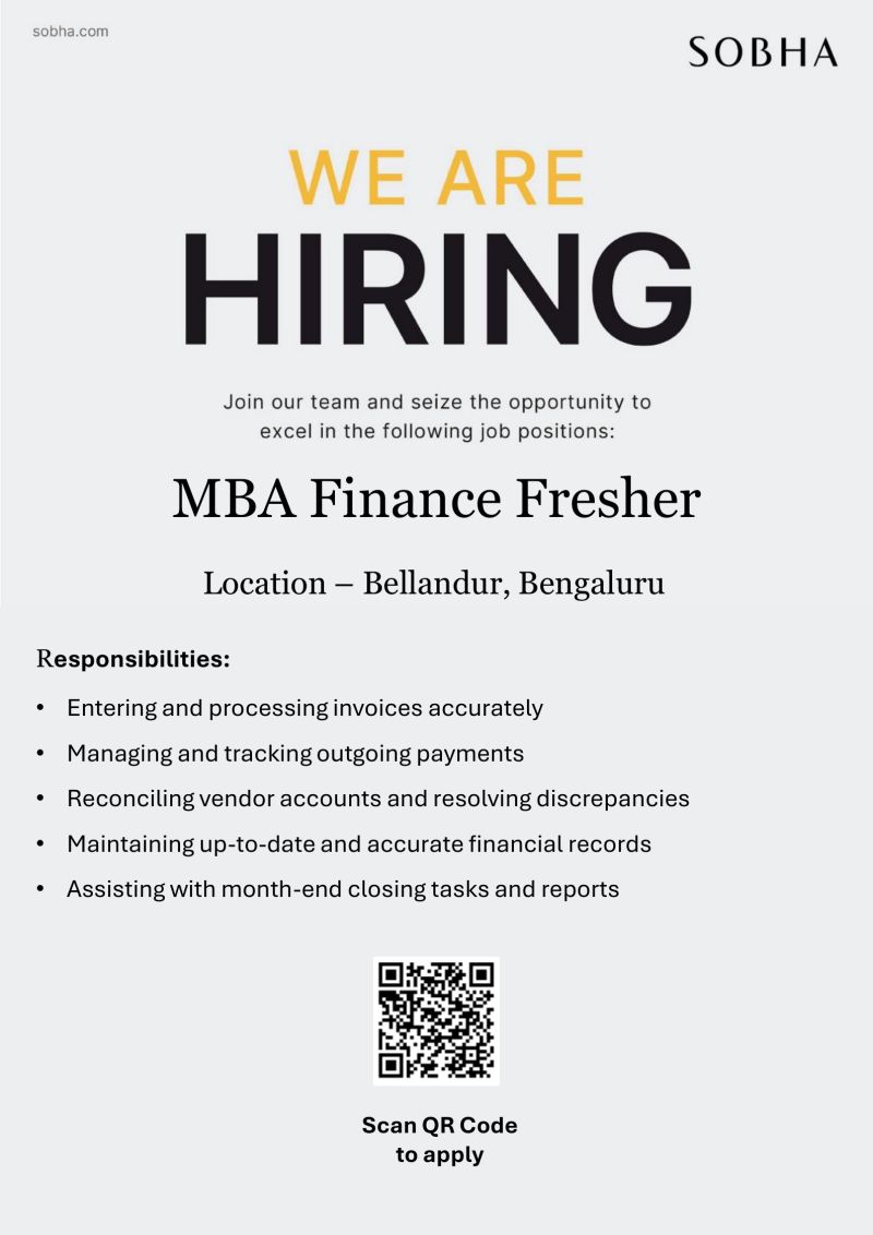 📢 Exciting Opportunity: MBA Finance Fresher Job at Sobha, Bengaluru