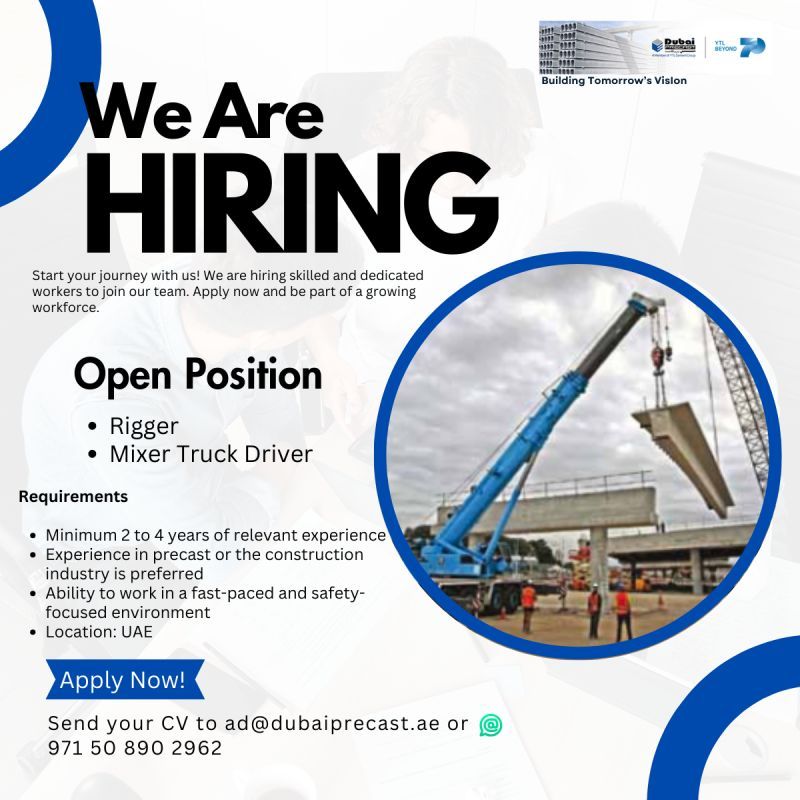 π Exciting Rigger and Mixer Truck Driver Jobs in UAE β Apply Now at Dubai Precast! π