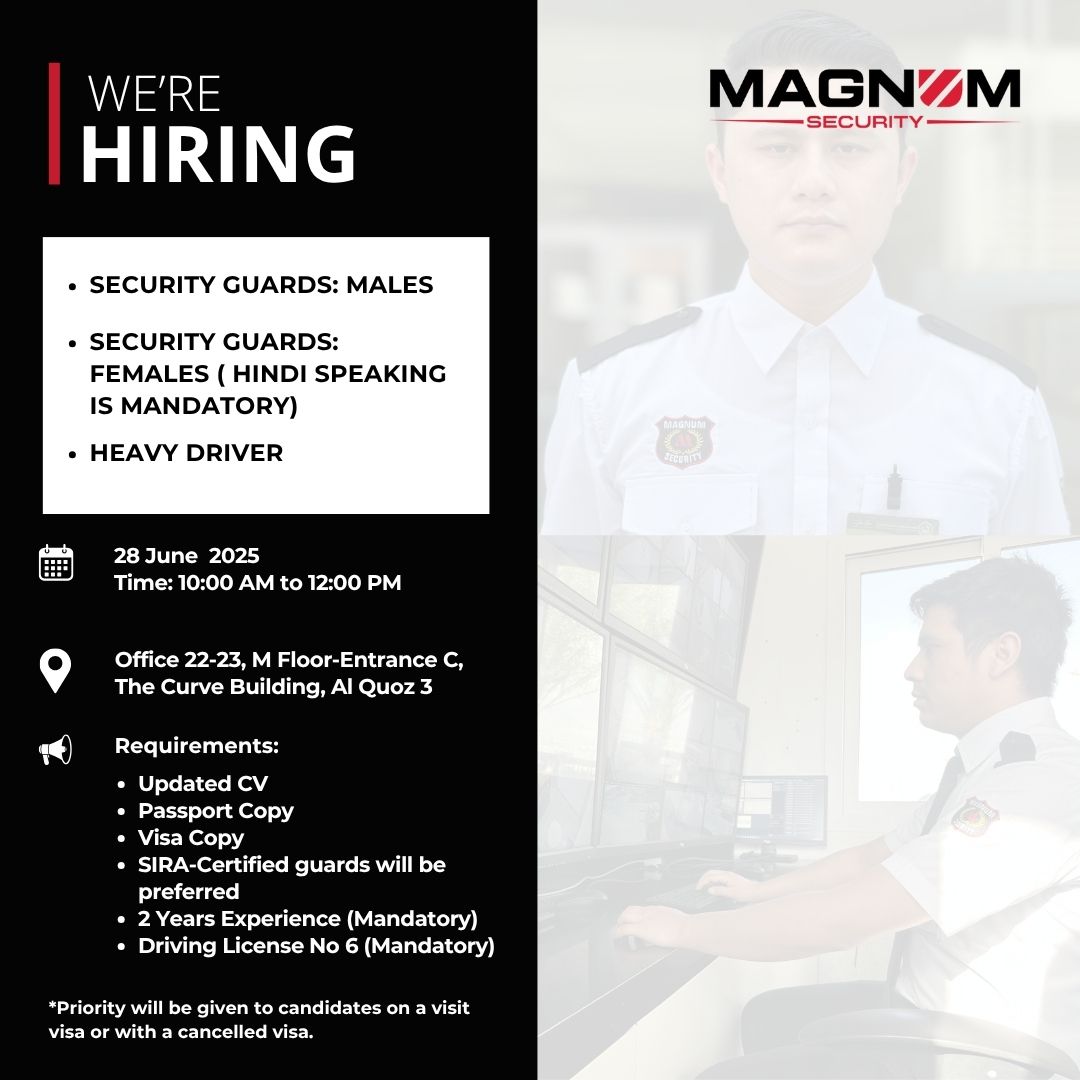 Magnum Security Walk-in Interview Dubai | SIRA Certified Guards & Drivers, 28th June 2025