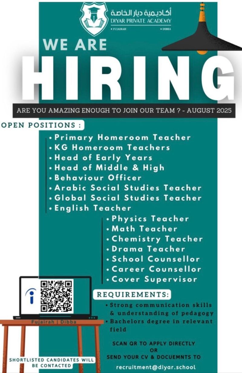 π Exciting Diyar Private Academy Fujairah Multiple Teaching Job Vacancies, UAE - August 2025