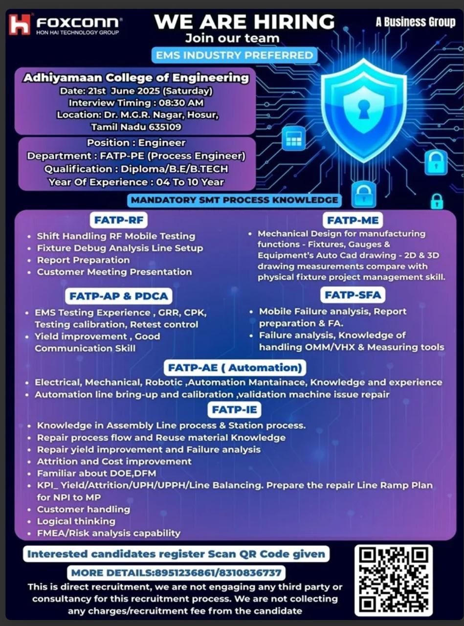 Foxconn Walk-In  at Adhiyamaan College 21st June 2025