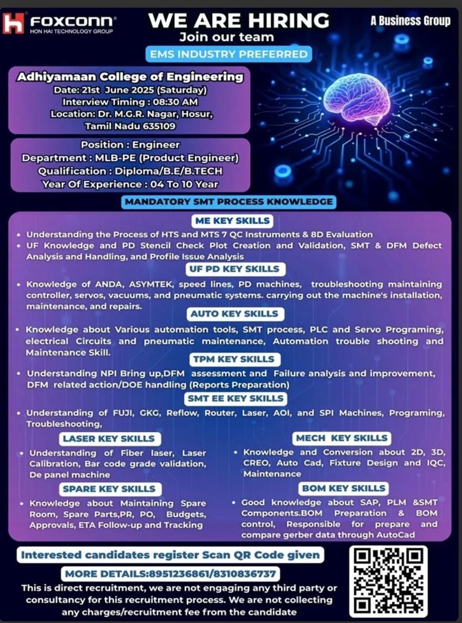 Foxconn Walk-In  at Adhiyamaan College 21st June 2025