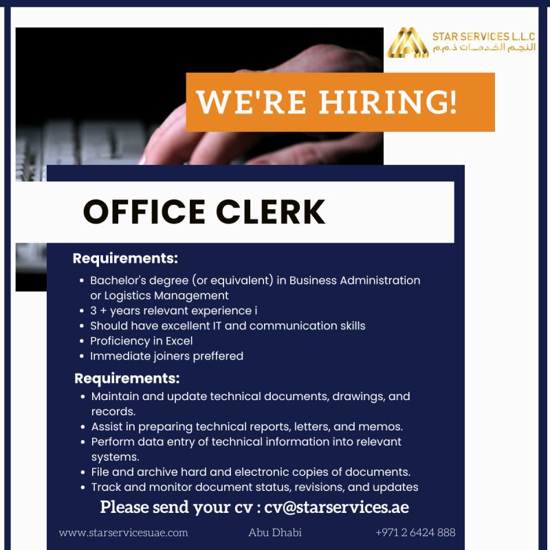 π’ Exciting Technical Clerk Job Vacancy at Star Services LLC Abu Dhabi 2025