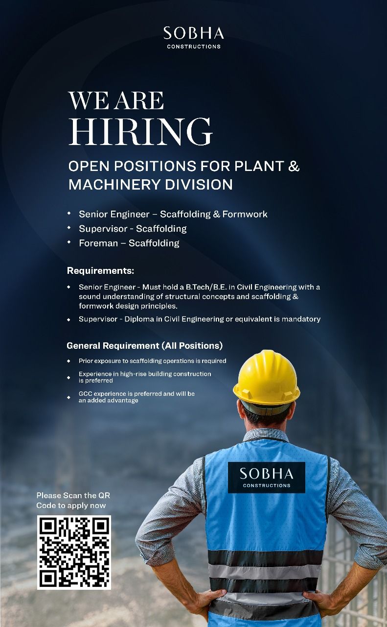 π Sobha Constructions Hiring 2025 in Dubai: 3 Great Jobs in Plant & Machinery Division