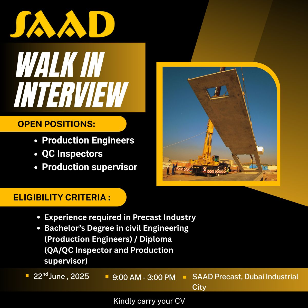 🏢 Top 3 Walk In Interview at Saad Precast LLC for Engineers Dubai - 22nd June 2025