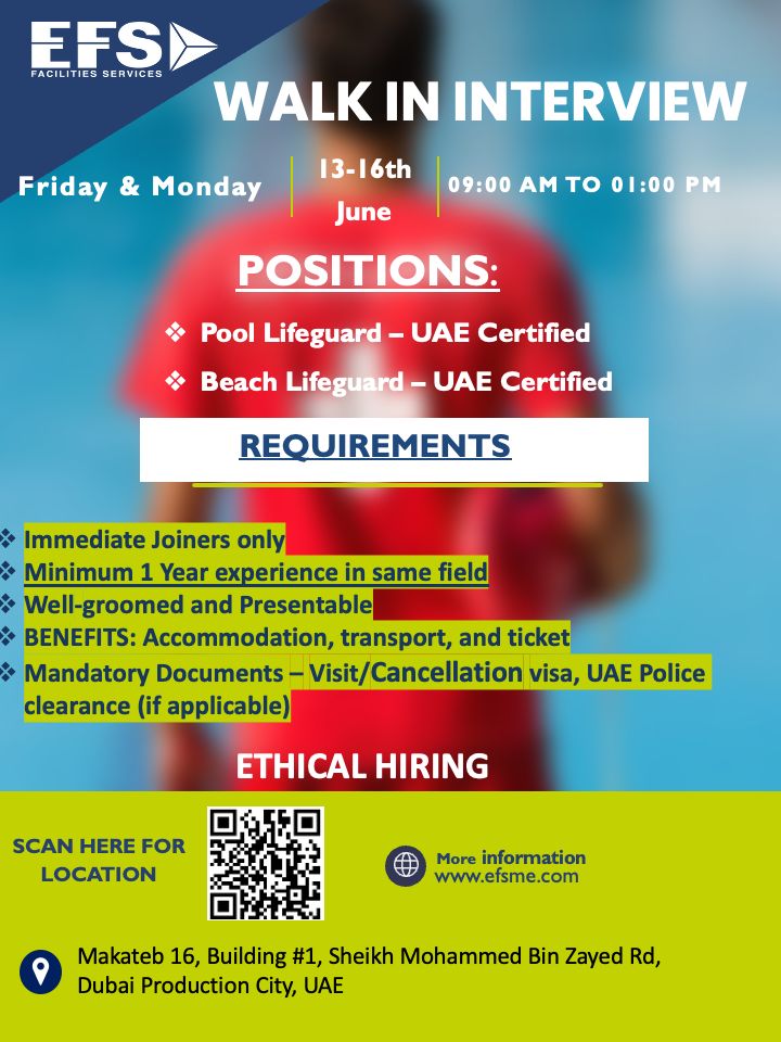 📣 Exciting EFS Facilities Services Lifeguard Job Vacancies in Dubai 13-16 June 2025