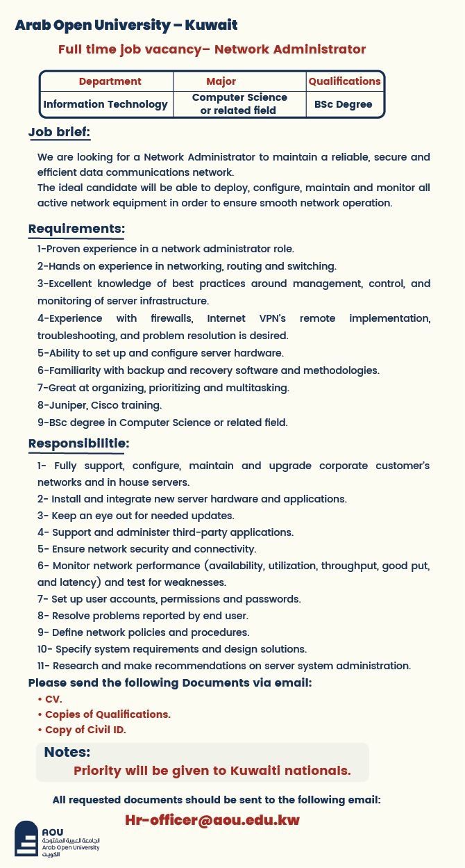 🌐 Network Administrator Job at Arab Open University Kuwait 2025
