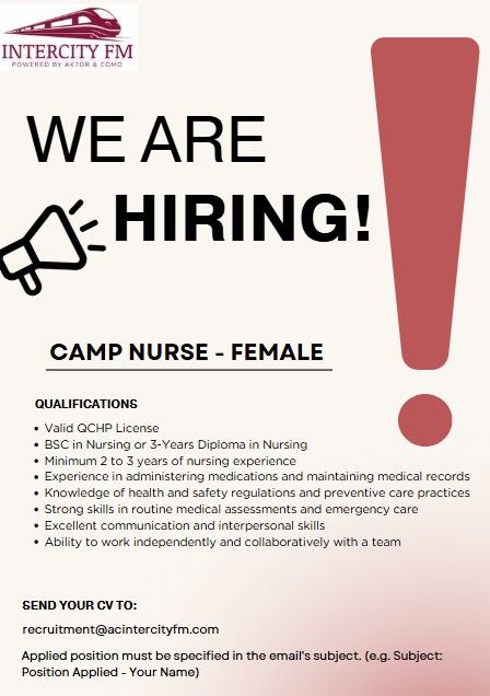 ✅ 2025 Hiring Opportunity: Camp Nurse Jobs for Females at Aktor Como Intercity Qatar