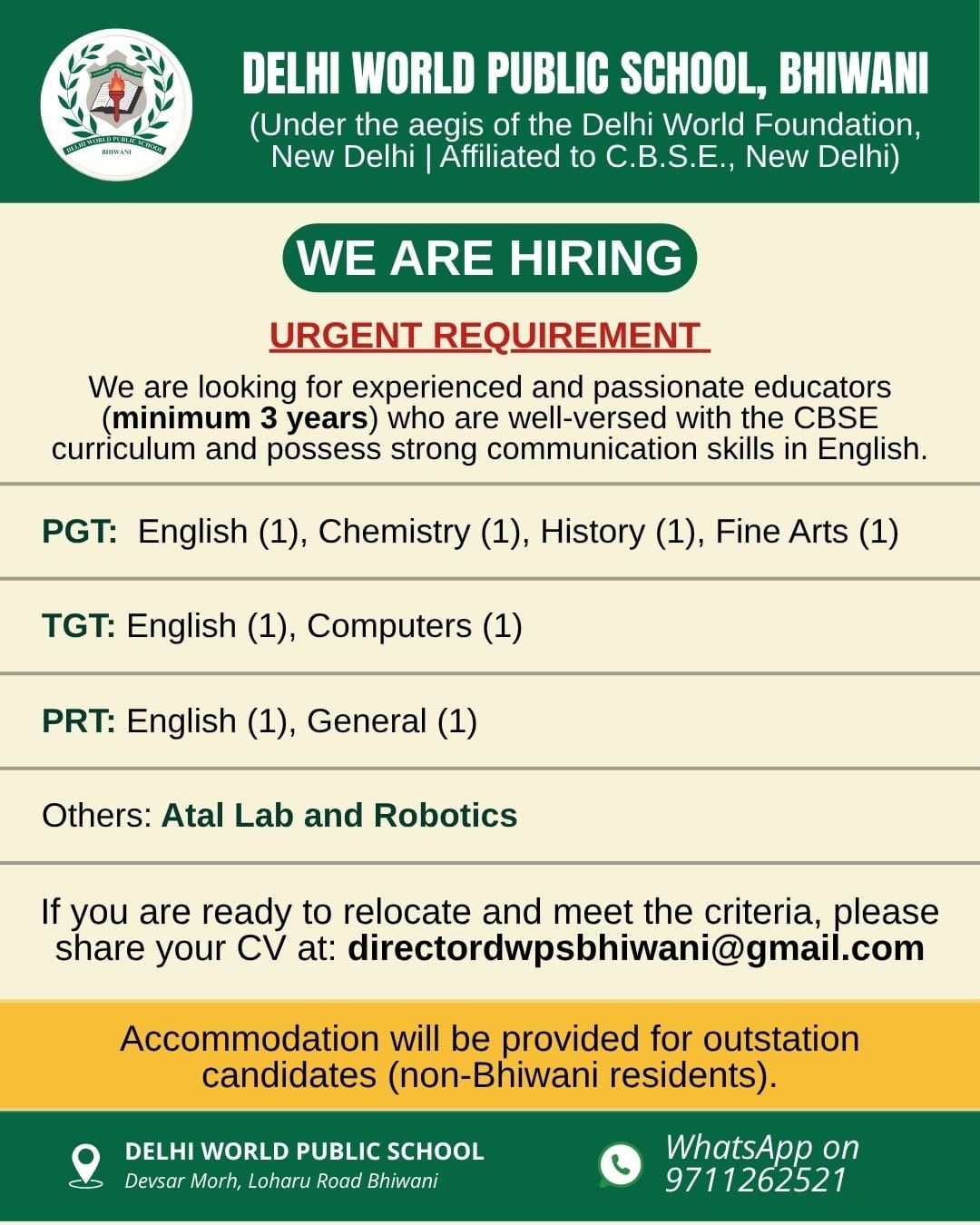 Delhi World Public School Bhiwani 2025 jobs