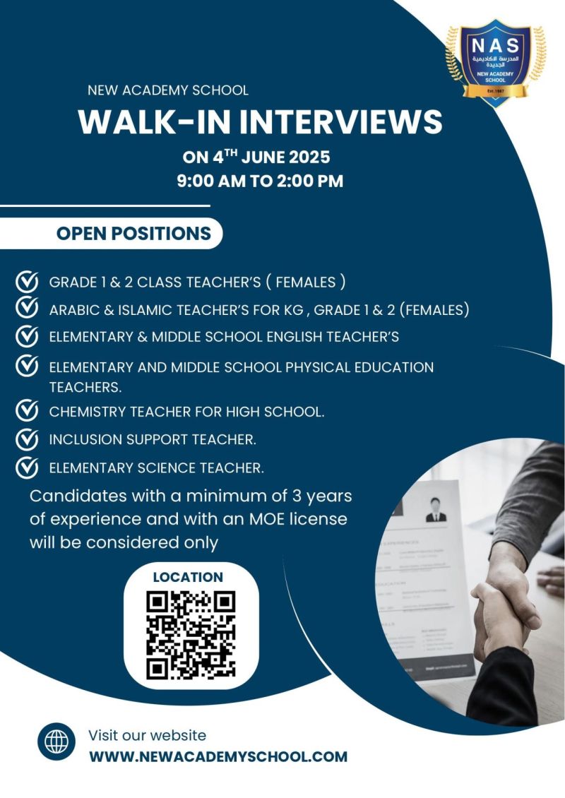 7 Urgent Teaching Vacancies at New Academy School – Walk-in Interview on June 4, 2025