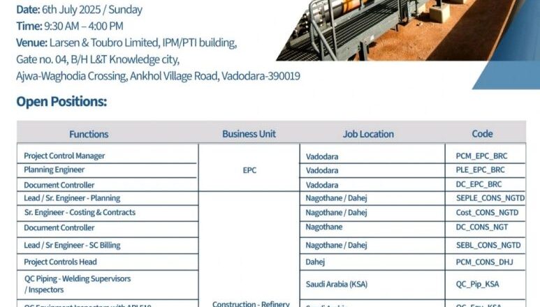 Larsen and Toubro Walk-in Interview 2025 on 29 June & 6 July in Mumbai & Vadodara for EPC Oil & Gas Jobs