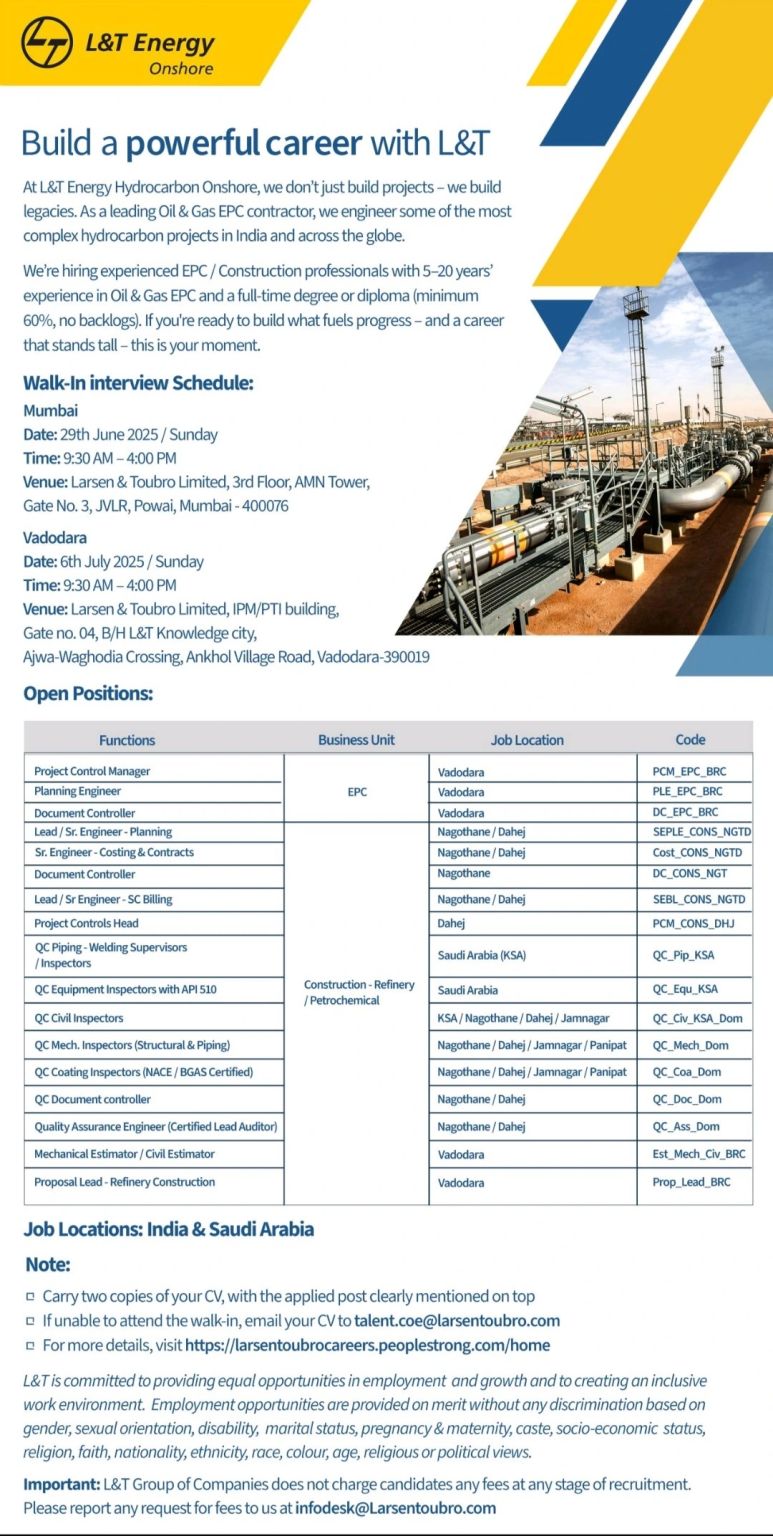 Larsen and Toubro Walk-in Interview 2025 on 29 June & 6 July in Mumbai & Vadodara for EPC Oil & Gas Jobs