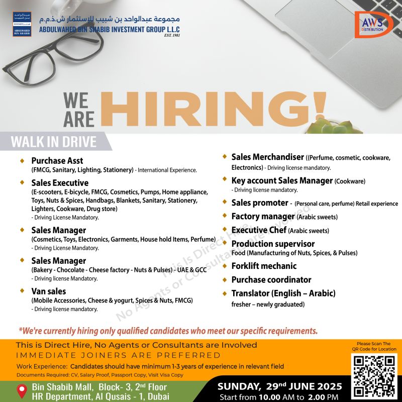 π AWS Distribution Walk-In Interview Dubai β 29 June 2025 | Direct Hiring for 15+ Roles
