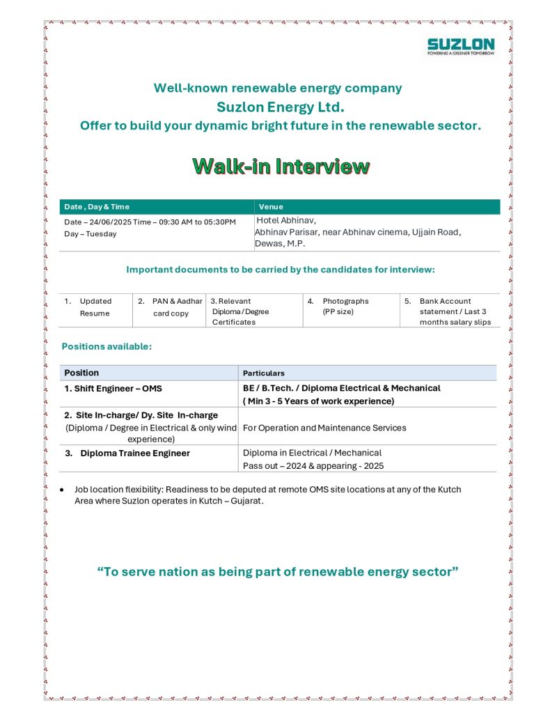 ๐ Suzlon Energy Ltd Walk-In Interview 24 June 2025 for Engineering Jobs