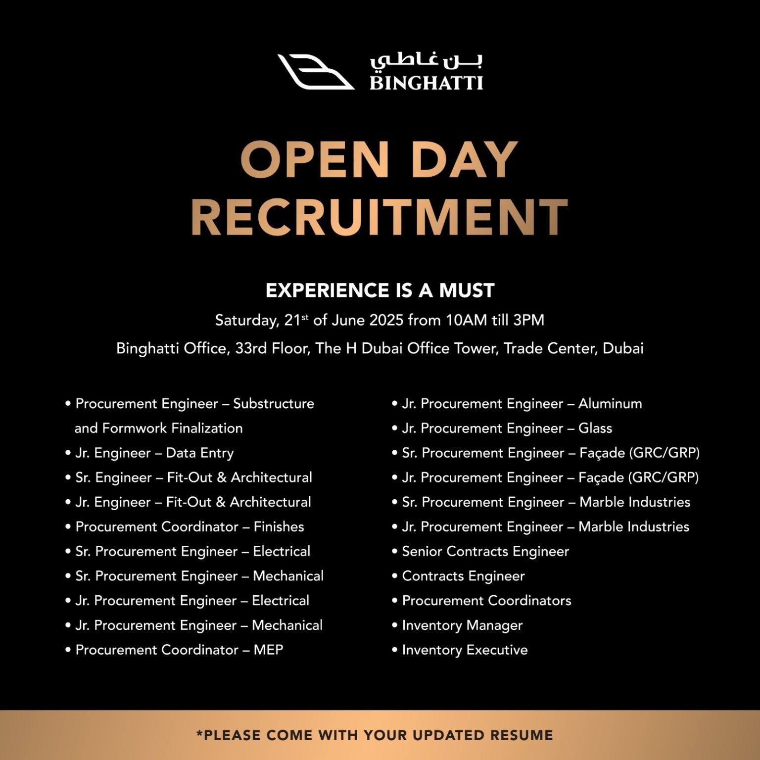 Binghatti Open Day Interview in Dubai for Construction and MEP Jobs 2025