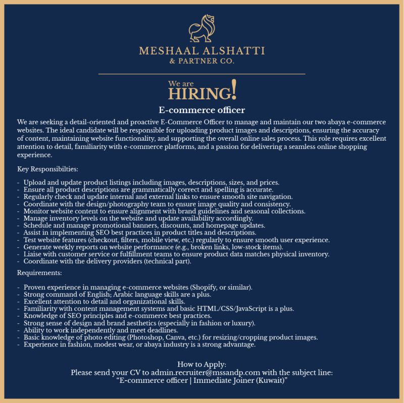 Apply Now: 2025 E-commerce Officer Job Openings at Meshaal Alshatti in Kuwait