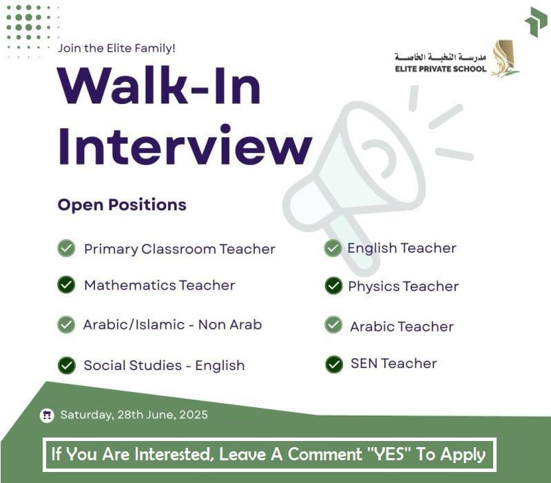 Elite Private School Walk-in Interview 2025 on 28 June | Teaching Jobs in Emirate