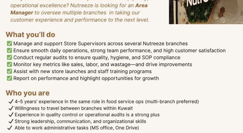 Urgent Opportunity: Area Manager Job at Nutreeze Kuwait – 1 Role, High Growth