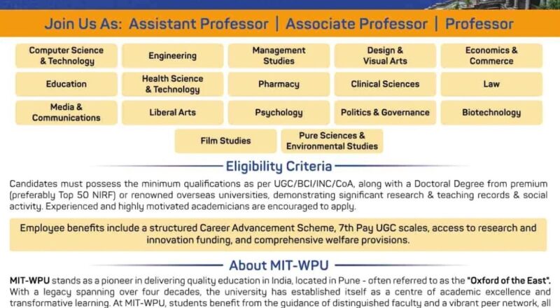 15+ Latest Assistant Professor Openings in MIT World Peace University 2025