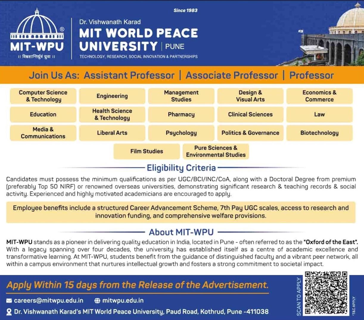 15+ Latest Assistant Professor Openings in MIT World Peace University 2025