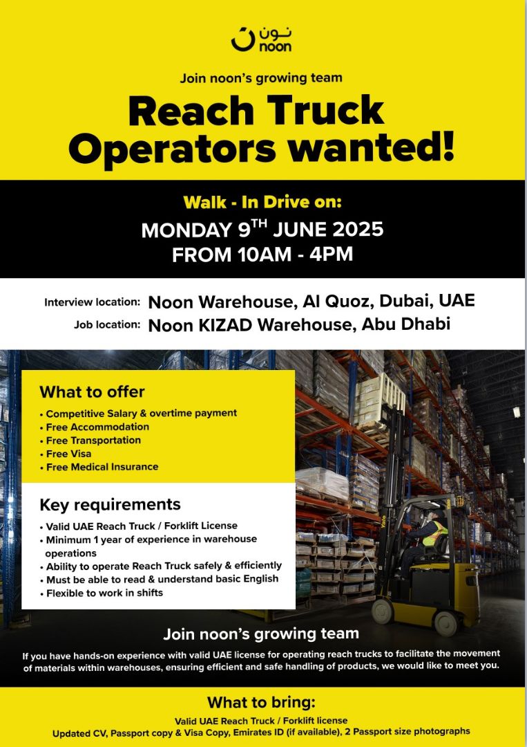 β
Top Hiring: Noon Reach Truck Operator Job Walk-in Dubai June 9, 2025