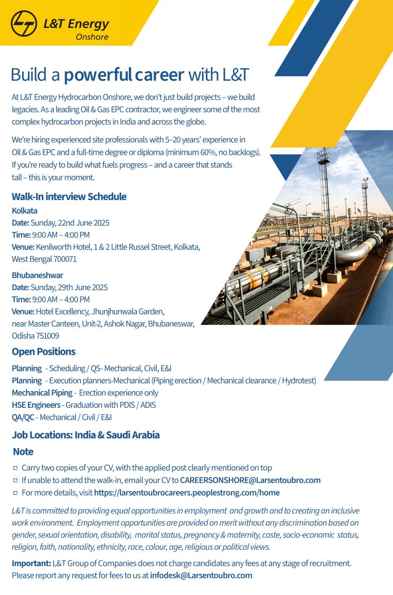 π Golden Opportunity: L&T Energy Onshore Walk-In Interviews June 2025