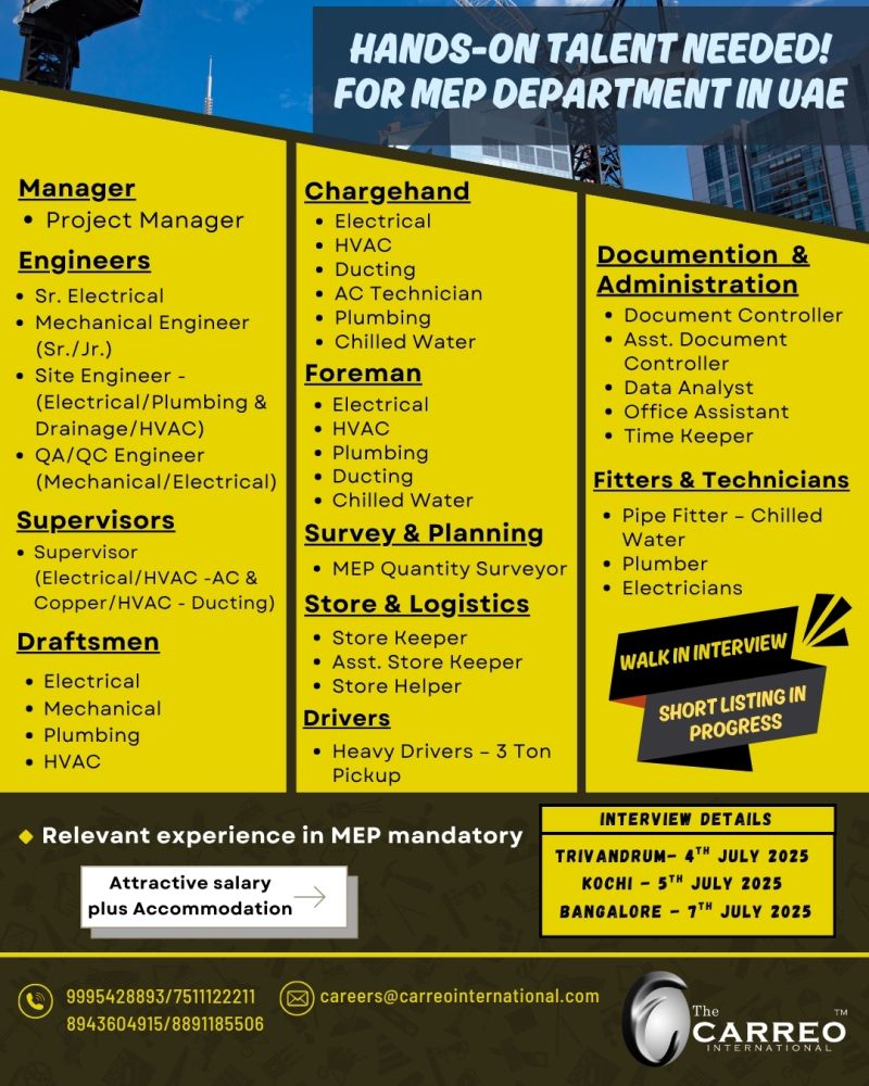 🇦🇪 Hands-on MEP Department Job Opportunities in UAE 2025 – Trivandrum | Kochi | Bangalore