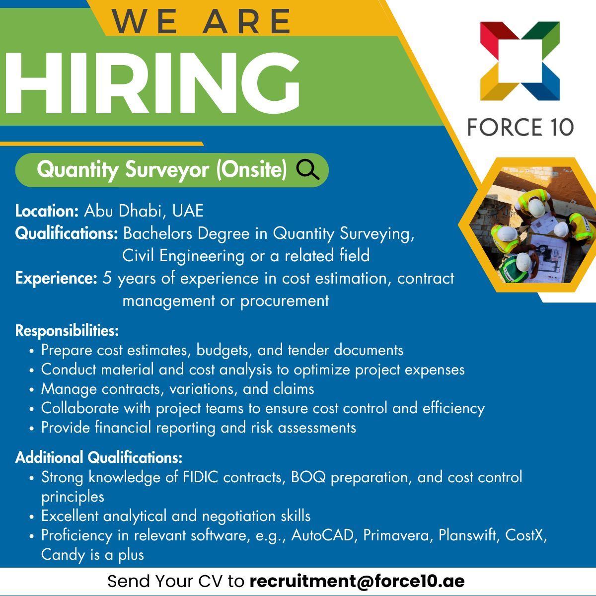FORCE 10 Careers in UAE for Quantity Surveyor & Engineer