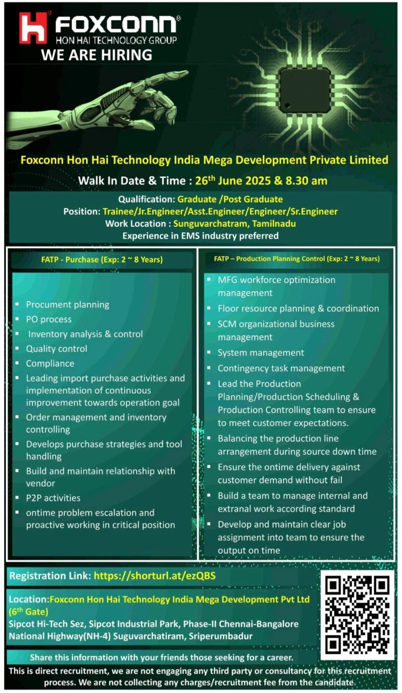 Foxconn Hon Hai Technology India Mega Development Walk-In Interview 2025