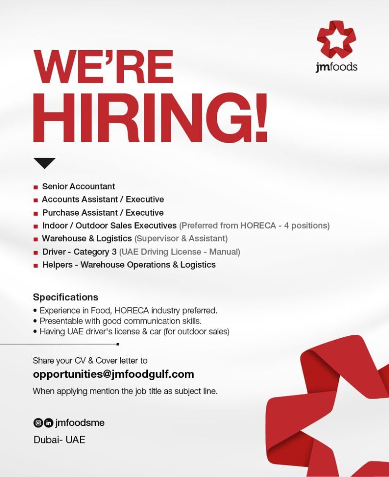 jmfoods job openings in Dubai for warehouse and sales roles - Apply Now for 2025!