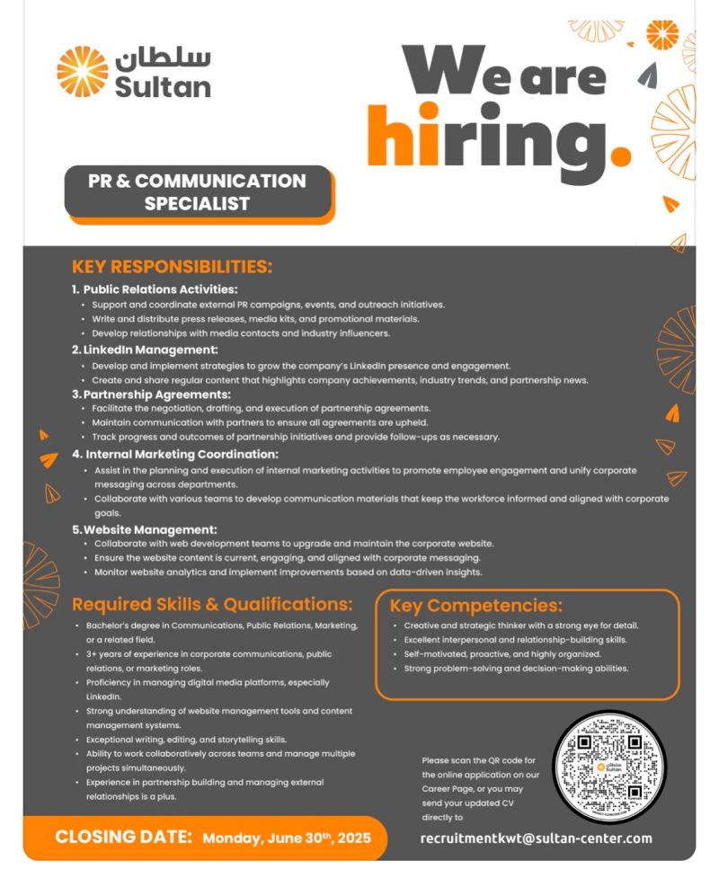 π PR & Communication Specialist Job Vacancy at Sultan Center Kuwait 2025