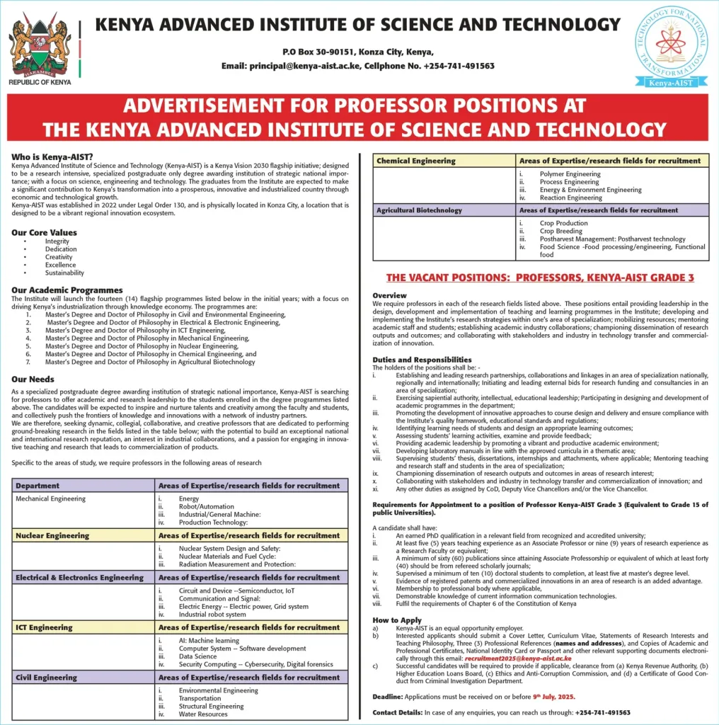 🎓 Empowering Academic Leadership: 28 Professor Jobs at Kenya-AIST 2025 – Apply before 9 July 2025