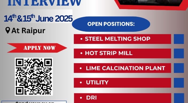 Top JSW Steel Walk-in Interview in Raipur 14th & 15th June 2025 for Engineers