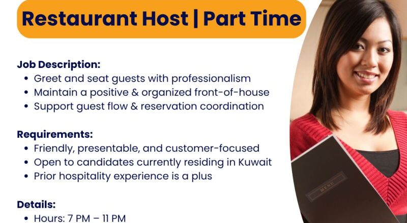 📢 Talent Link Agency Restaurant Host | Part-Time Job Vacancies in Kuwait 2025